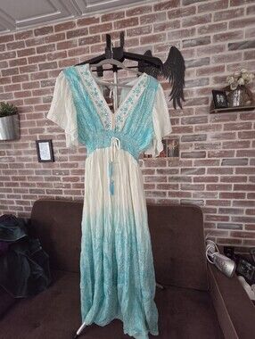Sacred Threads Teal Ombre Embroidered Maxi Dress with Tassel Tie